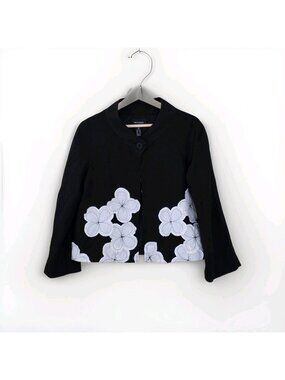 David Dixon Cropped Jacket 12 Black Linen White Floral Applique Art To Wear Chic